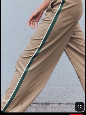 Zara Tan Pinstripe Wide-Leg Trousers with Green Side Stripe